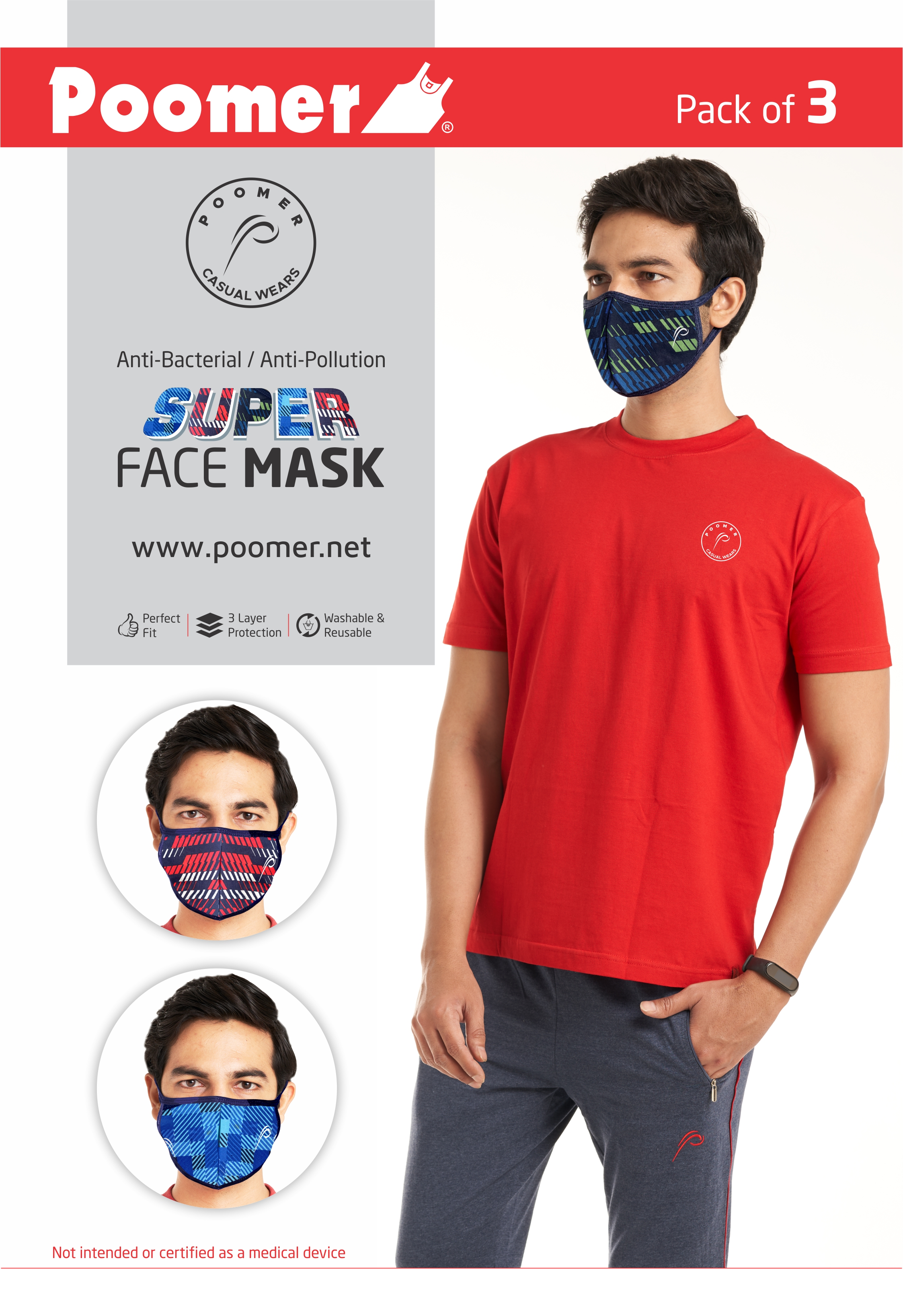 Poomer Super Printed Face Mask - 3 layer Anti-Bacterial & Anti-Pollution Face Mask (Pack of 3)