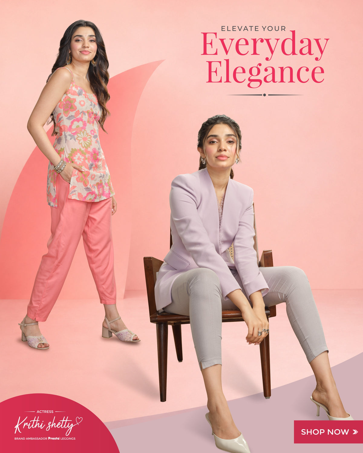 A promotional fashion poster featuring Actress Krithi Shetty modeling coordinated outfits against a pink studio background. One stands in a floral sleeveless top and pink kurti pants, and the other sits in a light lavender blazer and light grey pants.