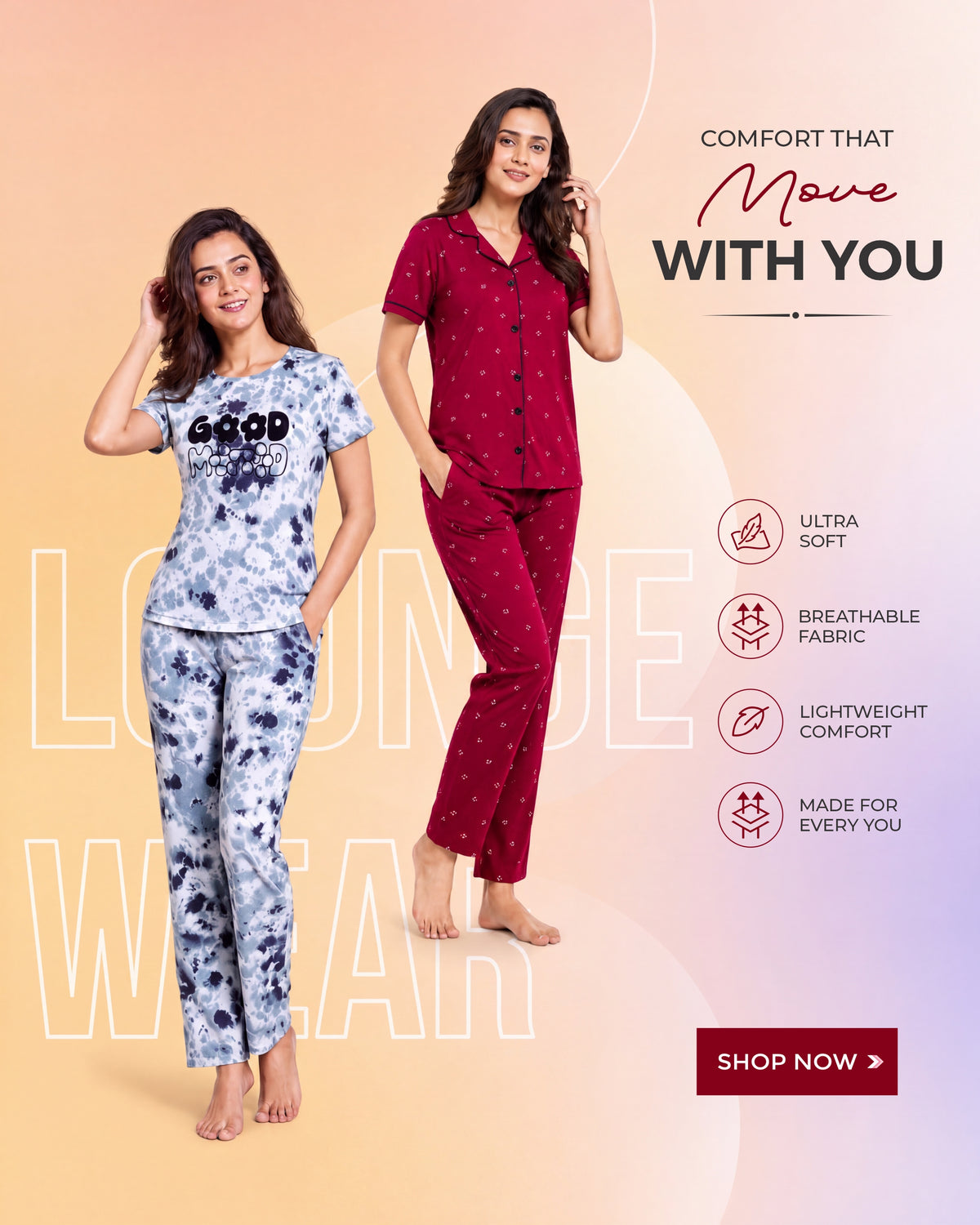 Two women modelling matching pyjama sets against a peach gradient background. One set is light blue and white with a floral print and 'GOOD MOOD' printed on the chest, and the other is dark red with small white polka dots.