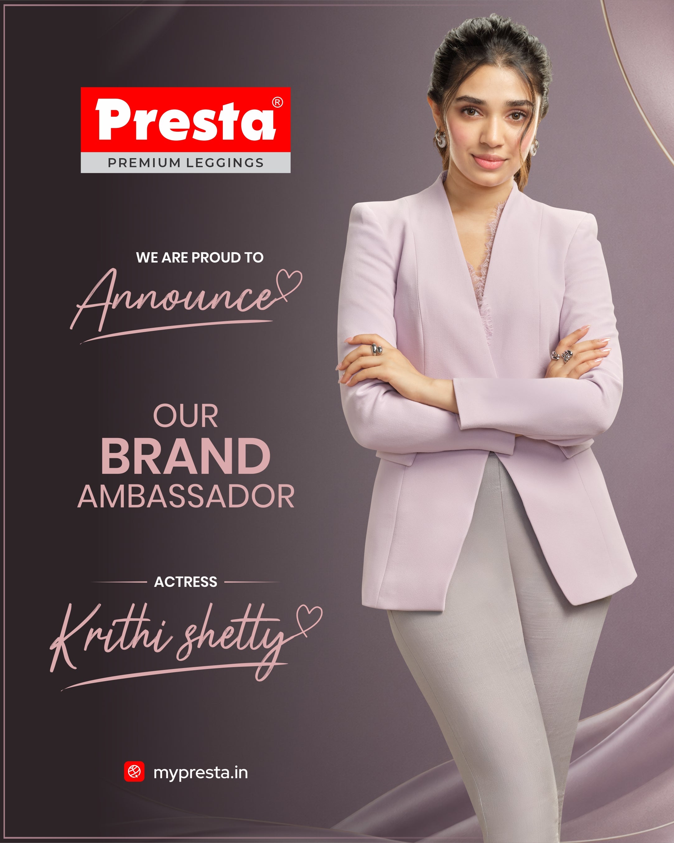 Promotional banner for Presta featuring Actress Krithi Shetty as the brand ambassador, wearing the Presta Grey Slim Pant against a dark purple background.