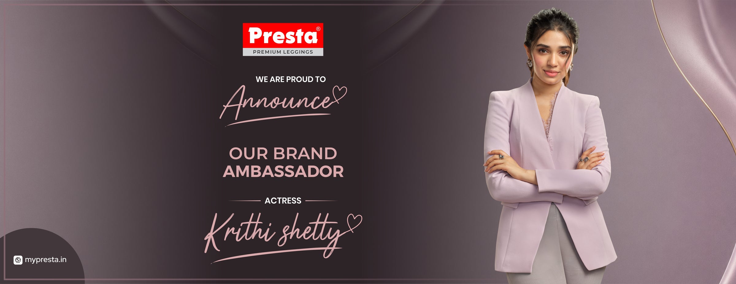 Promotional banner for Presta featuring Actress Krithi Shetty as the brand ambassador, wearing the Presta Grey Slim Pant against a dark purple background.
