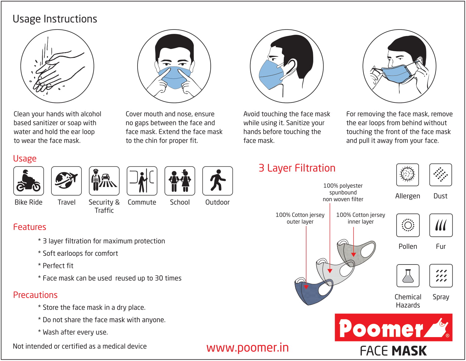 Poomer Super Printed Face Mask - 3 layer Anti-Bacterial & Anti-Pollution Face Mask (Pack of 3)