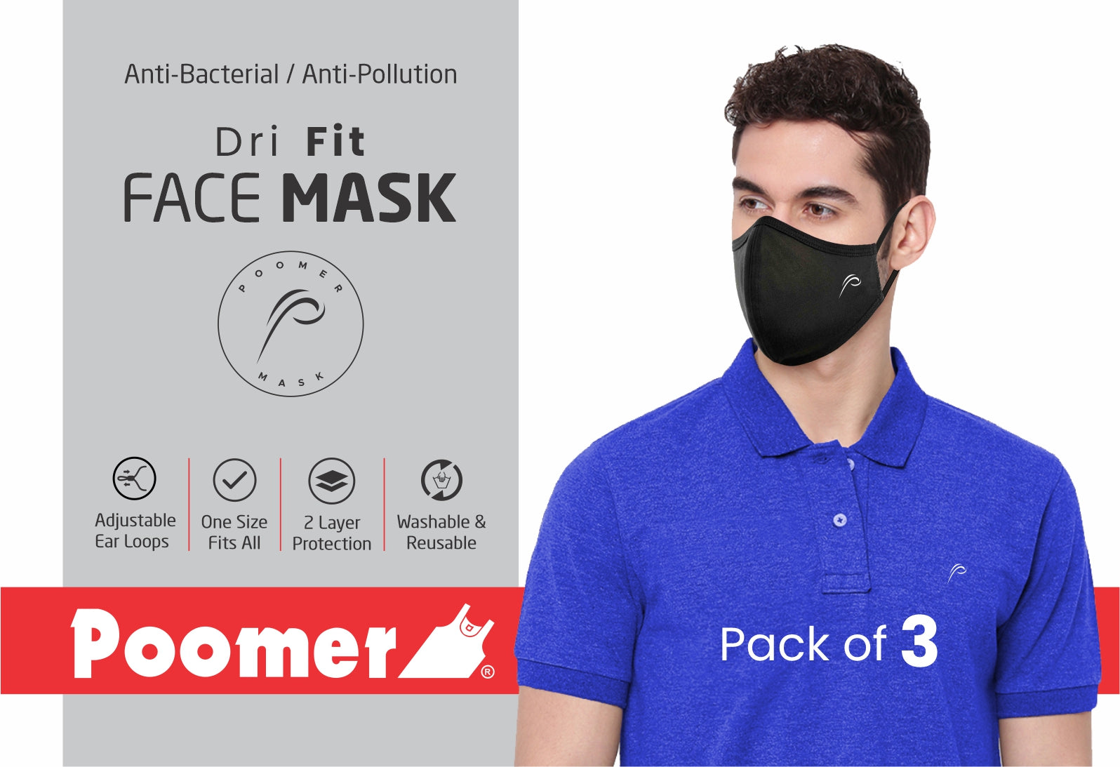 Poomer Dri Fit Face Mask - 2 layer Anti-Bacterial & Anti-Pollution Face Mask (Pack of 3)