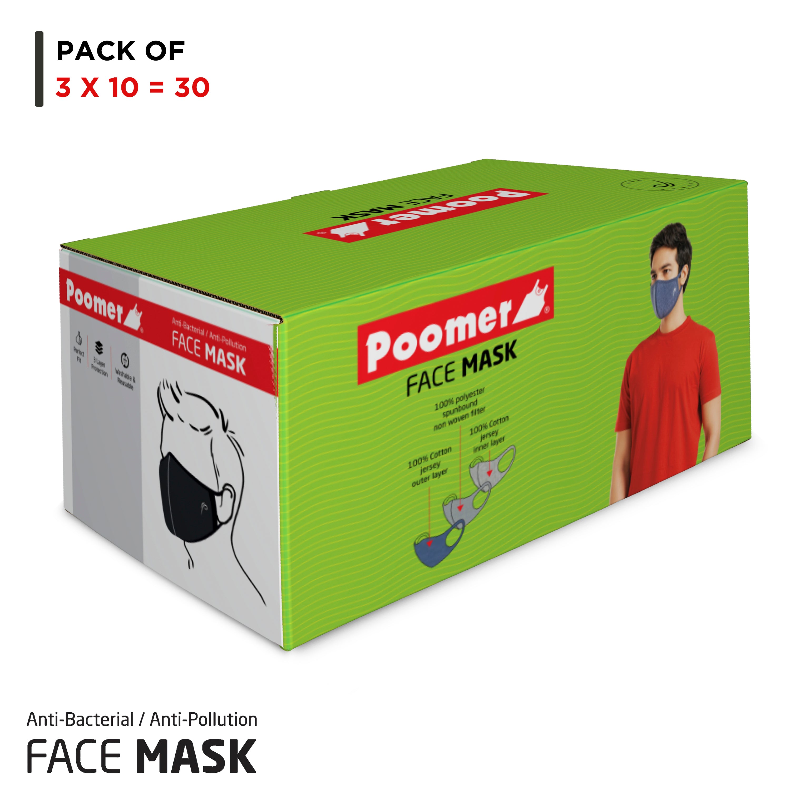 Poomer Face Mask BOX - 3 Layer Anti-Bacterial & Anti-Pollution Face Mask (Pack of 30) - Premium / Lite