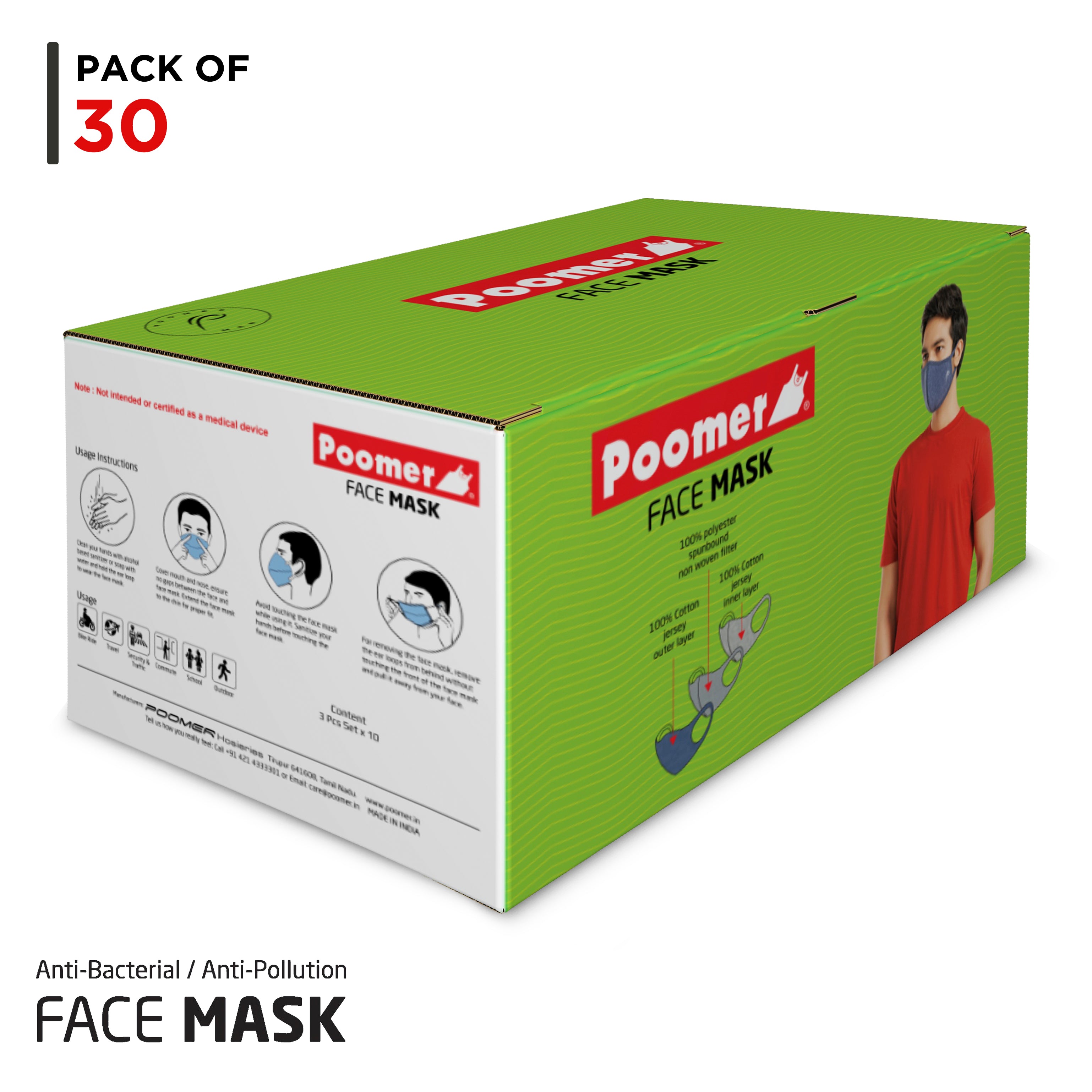Poomer Face Mask BOX - 3 Layer Anti-Bacterial & Anti-Pollution Face Mask (Pack of 30) - Premium / Lite