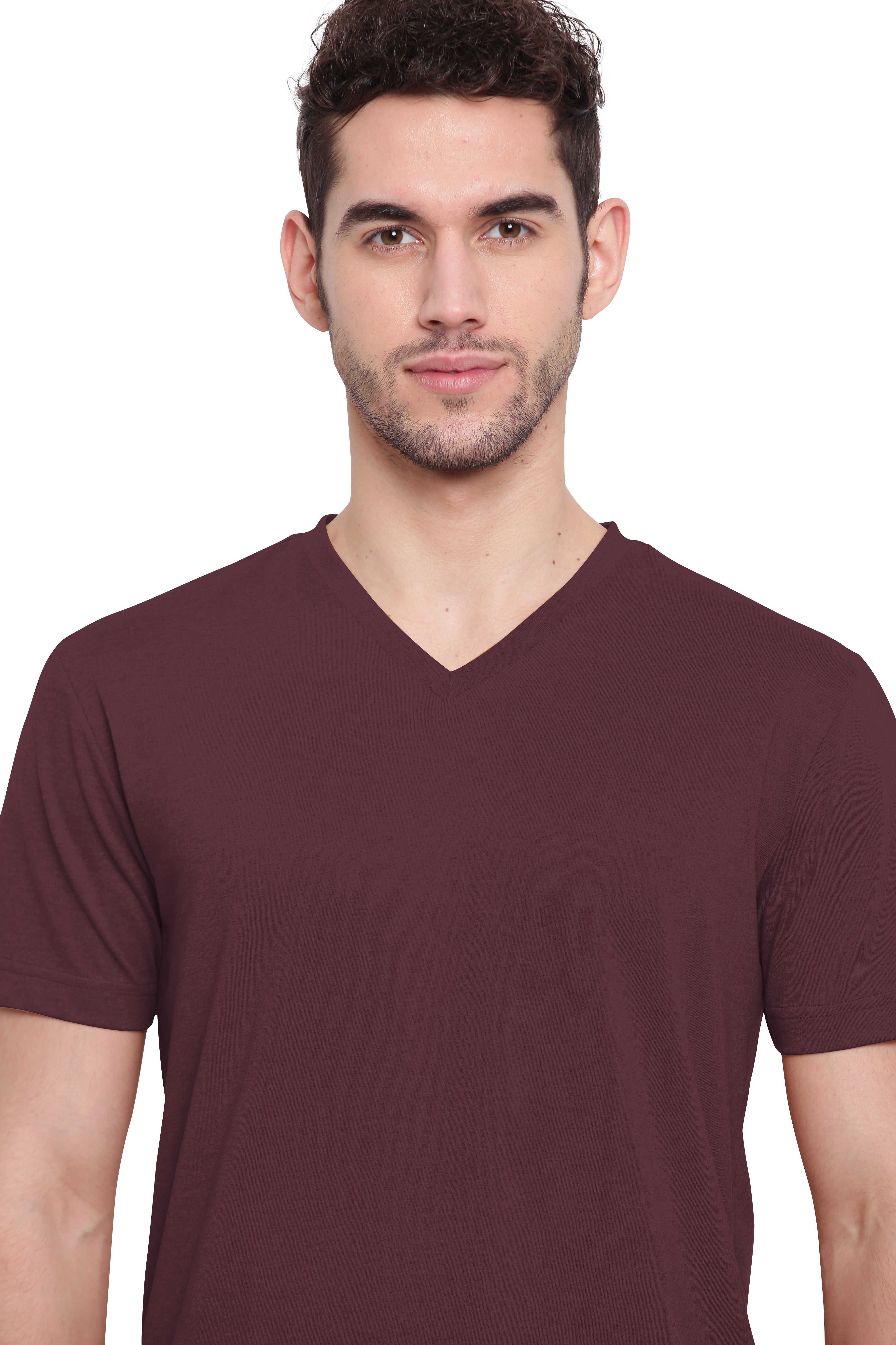 Poomer T-Shirt Solid V Neck - Burgundy Red