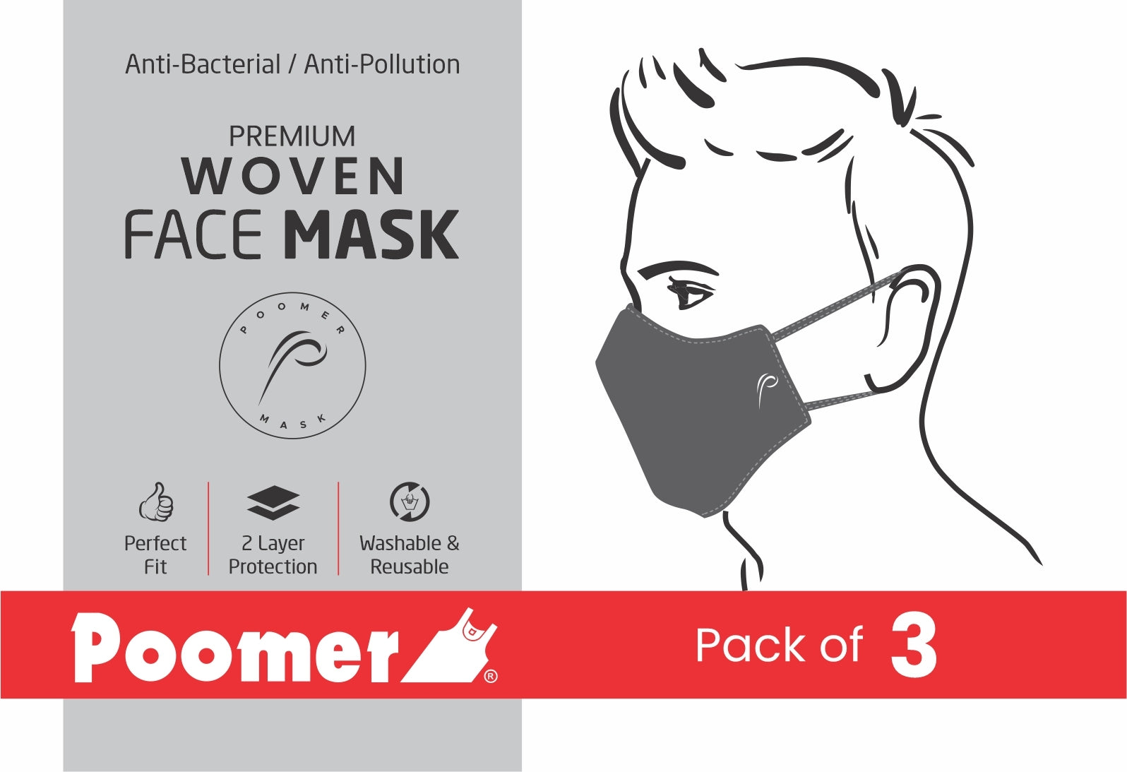 Poomer Woven Face Mask - 2 layer Anti-Bacterial & Anti-Pollution Face Mask (Pack of 3) White