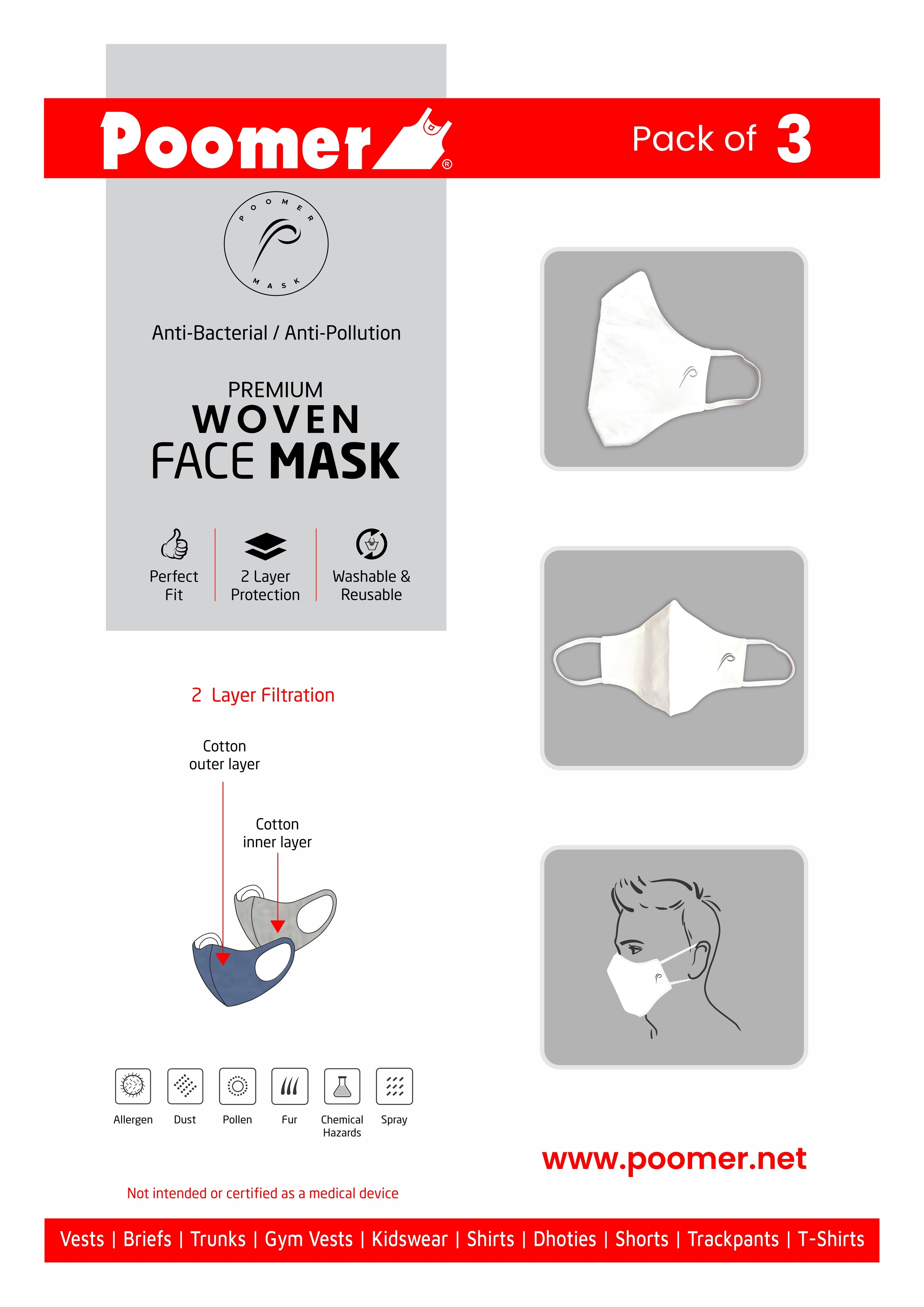 Poomer Woven Face Mask - 2 layer Anti-Bacterial & Anti-Pollution Face Mask (Pack of 3) White