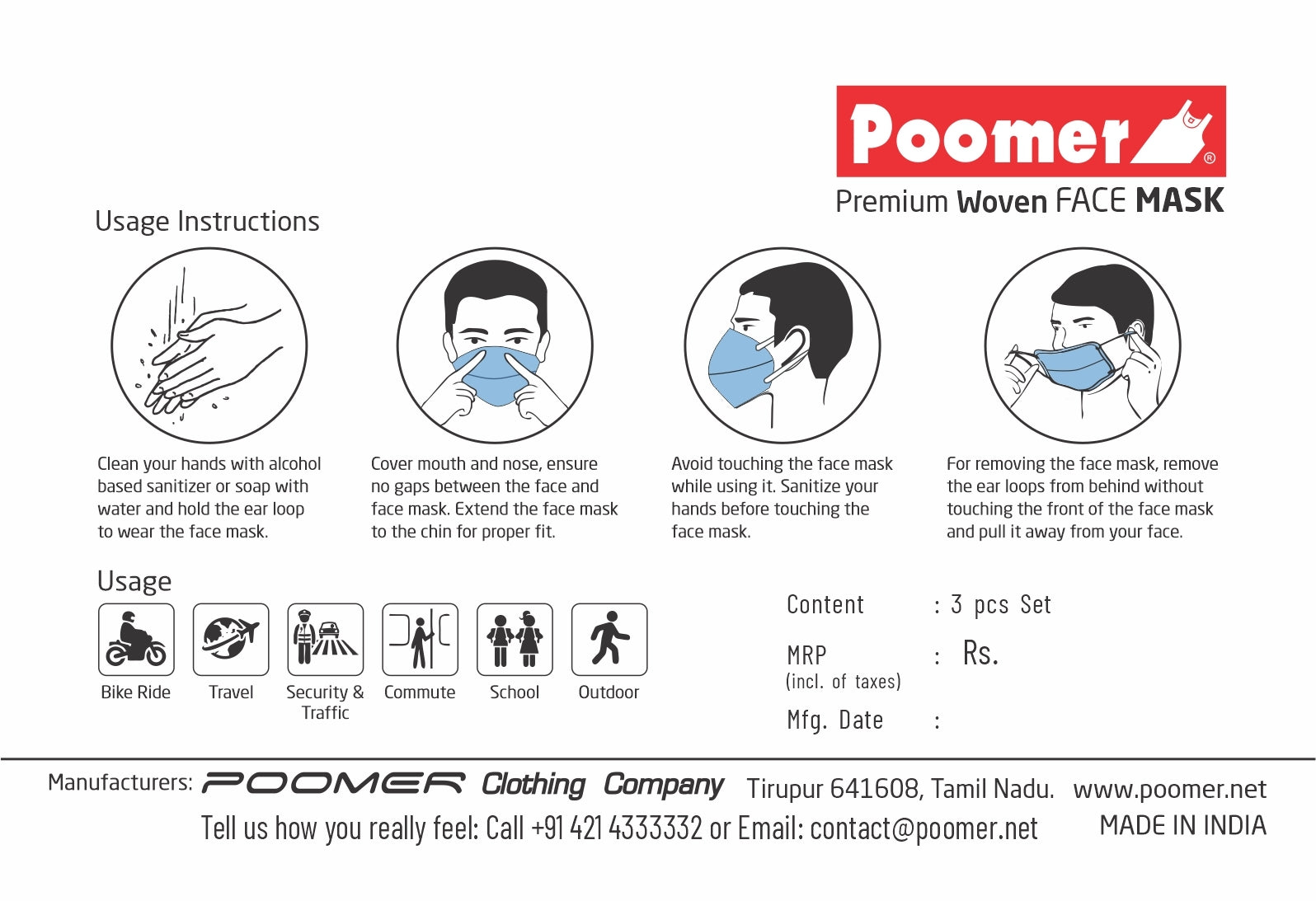 Poomer Woven Face Mask - 2 layer Anti-Bacterial & Anti-Pollution Face Mask (Pack of 3) White