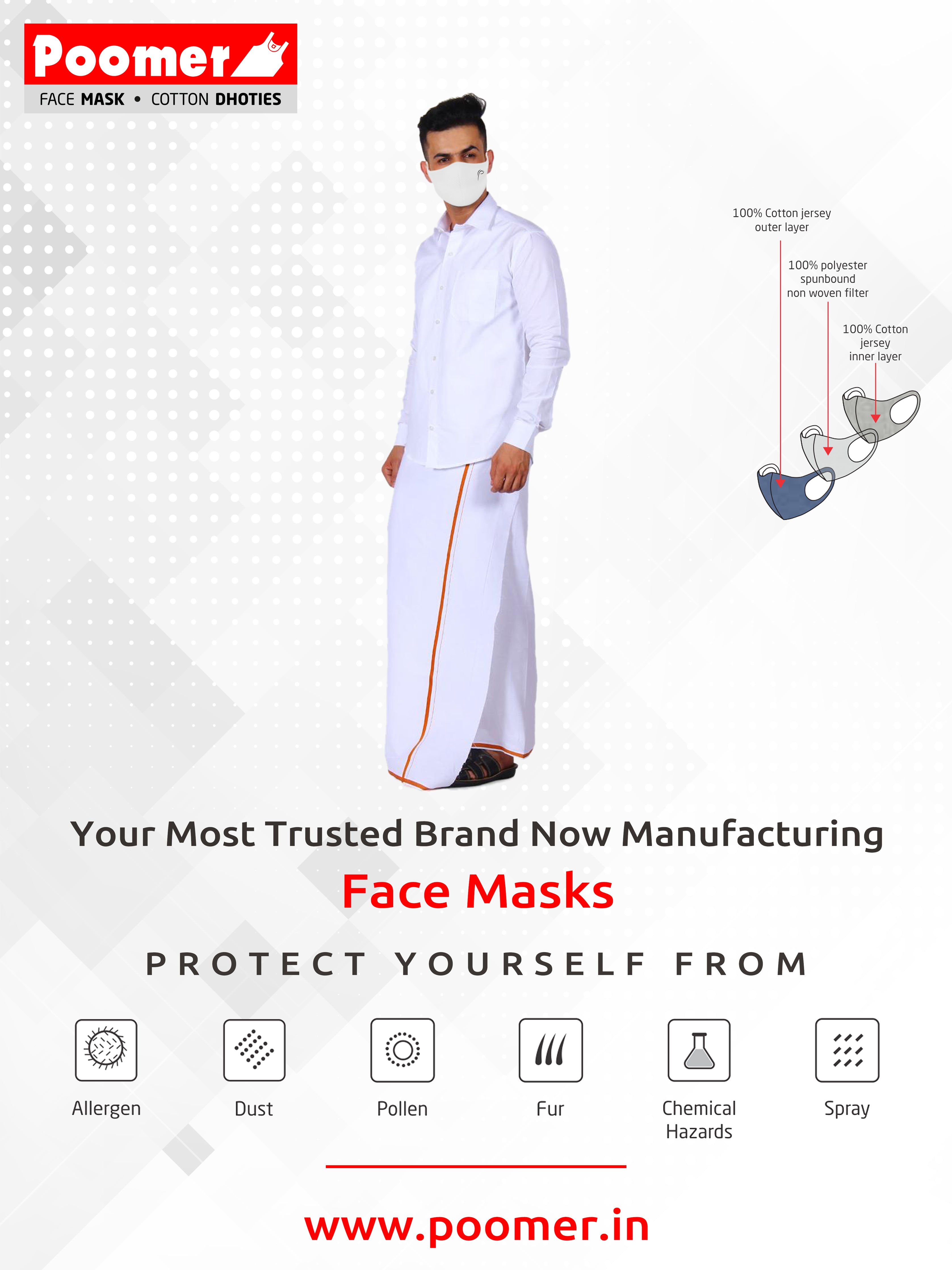 Bright White Poomer Face Mask - 3 layer Anti-Bacterial & Anti-Pollution Face Mask (Pack of 3)